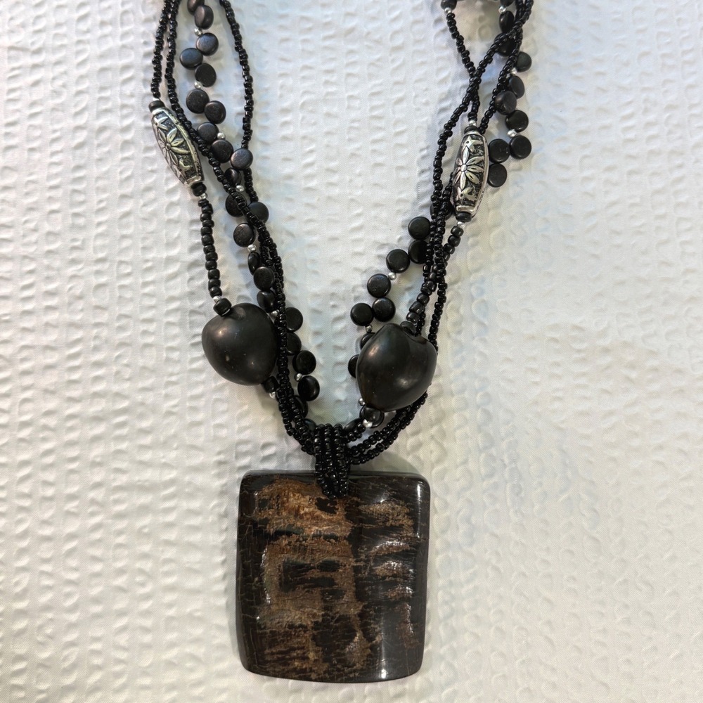 Chunky Multi-Strand Necklace Faux Wood Large Square Pendant Black Brown Jewelry